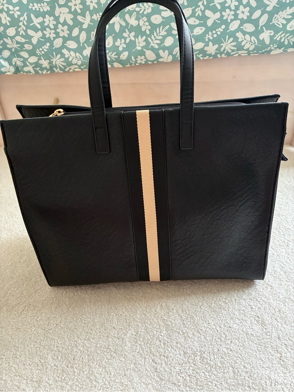 Moda Luxe Black Tote with Cream Center Stripe